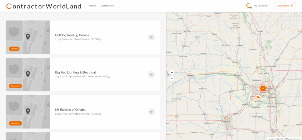 Contractors listing and map